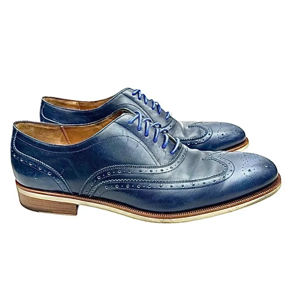 Salvatore Ferragamo Wingtip Oxford Blue Leather Shoes Men 11 D Italy EUC